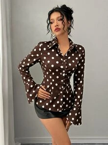 Rafferiza 休閒優雅日常百搭收腰喇叭袖白色條紋女款秋冬襯衫 - 棕色 - 查看 4