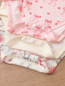 SHEIN 3件組新生女嬰秋季休閒長袖T恤蝴蝶結元素可愛連身衣 - 彩色 - 查看 5