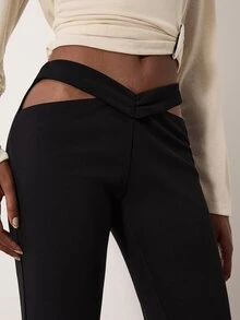 MERLEAU Women's Modern Black Hollow Waist Long Pants - Black - View 3
