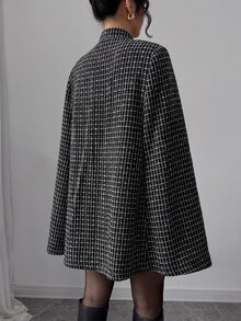 Elenzga Women New Chinese Style Stand Collar Frog Button Tweed Cape Coat, Black White Plaid Elegant Party Poncho Outerwear Autumn Winter - Black and White - View 2