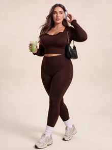 Gameset SHEIN Sport Women's Plus Size Solid Color Frill Trim Long Sleeve Casual Active Tropical Alternative Fitness Sports T-Shirt Gym Brown Autumn Fall - Coffee Brown - View 3