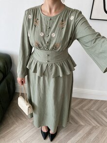 Solavon Plus Size Women's Floral Embroidered Waist-Cinching Blouse And Skirt Casual 2 Pieces Set - Green - View 6
