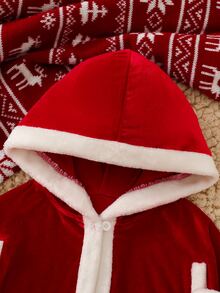 SHEIN Souflis 2pcs/Set Baby Girl Christmas Hooded Cape Shawl And Patchwork Plush Dress, Suitable For Autumn/Winter, Christmas Party Outfit - Red - View 3