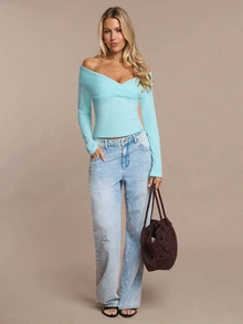 SHEIN BAE Women's Solid Mint Green Off-Shoulder Long Sleeve Knit Striped Top, Autumn/Winter - Mint Green - View 3