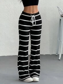 SHEIN EZwear 女款條紋拼色抽繩腰休閒長褲 - 黑與白 - 查看 3