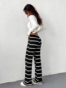 SHEIN EZwear 女款條紋拼色抽繩腰休閒長褲 - 黑與白 - 查看 2
