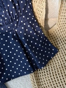 SHEIN Tween Girl White With Black Polka Dot Ruffle Short Sleeve Square Neck Floral Top Suitable For Vacation, Outing, Travel, School And Other Occasions Random 3 Items Send 1 Item - Navy Blue - View 3