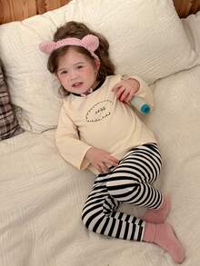 Dazy Kids Baby Girl Long Sleeve Top And Striped Long Pants Casual Daily Home Sleepwear Set Fall - Black and White - View 5