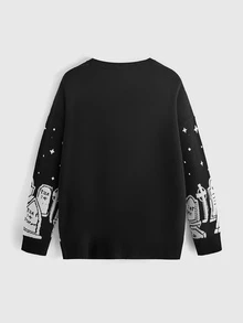 ROMWE Goth 暗黑哥德風黑色貓頭骨月亮星星蛇紋提花寬鬆大尺碼套頭毛衣 - 黑色 - 查看 4