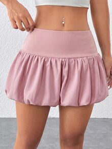 SHEIN PETITE 女款純色高腰荷葉邊迷你裙 - 粉色 - 查看 1