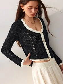 Willow Rêve Women's Black Fitted Cardigan, Cable Knit Hollow Out, Contrast Crochet Trim And Pearl Button Design, Western Romantic Style, Suitable For Autumn Wedding And Party Wear - Black and White - View 4