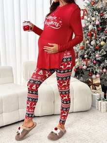 SHEIN طقم من قطعتين للحوامل: تي شيرت بأكمام طويلة مطبوع عليه شعار عيد الميلاد وسروال ضيق بخصر قابل للتعديل - الأحمر - مشاهدة 7