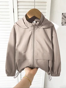 SHEIN 女童時尚休閒梭織前拉鍊背心，長袖秋冬上衣，返校季 - 卡其色 - 查看 6