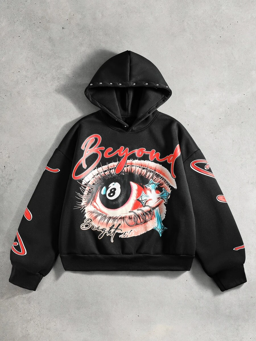 ROMWE MEN Men's Letter & Eye Print Long Sleeve Casual Hoodie Sweatshirt - Black - View 1