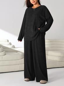 Solflare Plus Size Autumn Casual Solid Color Top And Pants 2 Pieces Set - Black - View 4