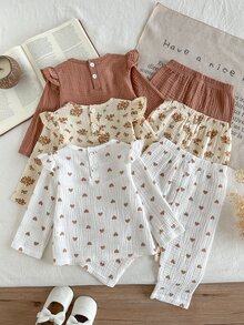 SHEIN 3 Sets Baby Girls Long Sleeve Top Pants Sweet Pink White Flutter Ruffle Floral Heart Long Sleeve Round Neck Regular Outdoor Fall Holiday Sweaters Gift - Multicolor - View 2