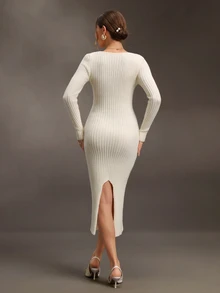 SHEIN Elegant Solid Color Twisted Knot Fitted Knit Maternity Dress - Apricot - View 2