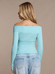 SHEIN BAE Women's Solid Mint Green Off-Shoulder Long Sleeve Knit Striped Top, Autumn/Winter - Mint Green - View 2
