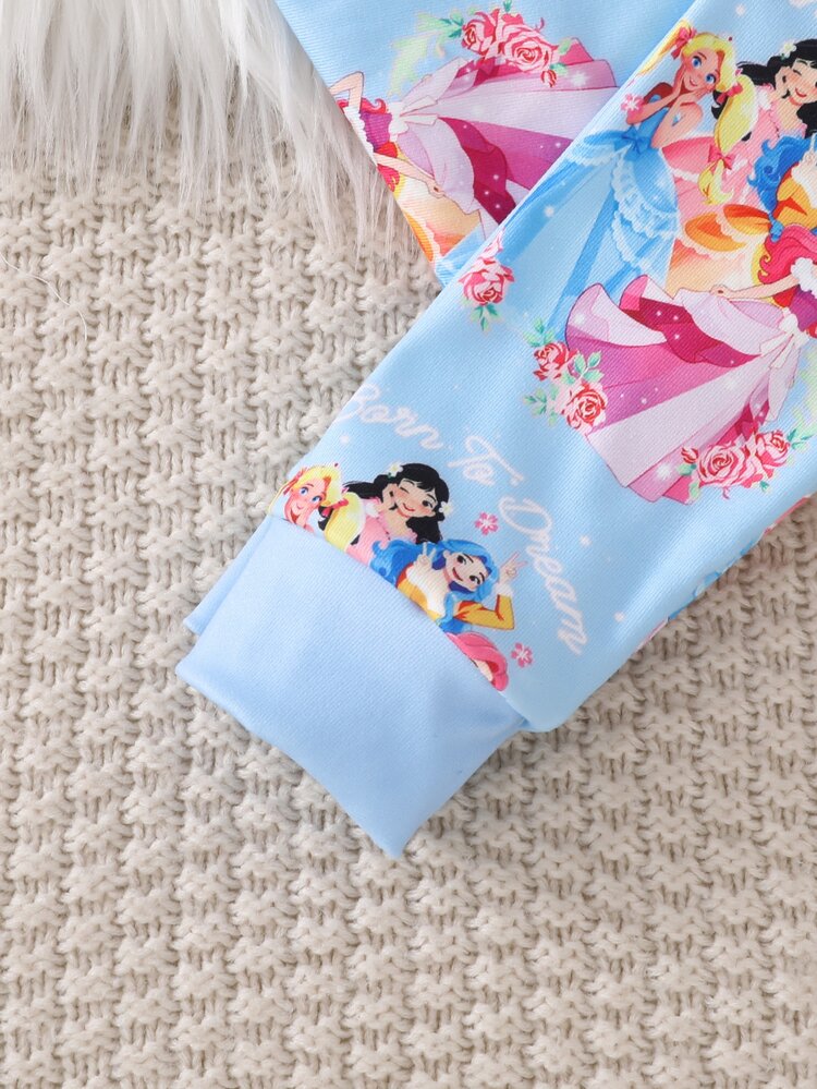 2pcs/Set Young Girls Pajamas Cute Princess Print Long Sleeve Long Pants Knit Snug Fit Sleepwear Loungewear Set - Blue - View 6