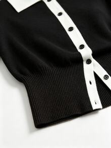 Sweetra Black & White Contrast Color Lapel Casual Fashion Commute Modern Elegant Charming Knit Cardigan For Women - Black and White - View 3