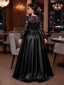 Auveirra Plus Size Women's Lace Patchwork Pleated Elegant Waist-Cinching Party Dress Fall - Black - View 2