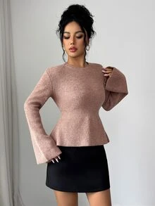 Elenzga Women's Waist-Cinching Flared Sleeve Knit Sweater - Pink - View 6