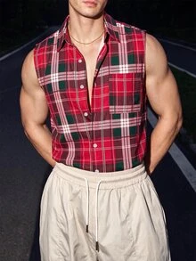 TONEVAULT 男士格紋單排扣休閒街頭風口袋背心 度假海灘紅白格紋夏季款 - 彩色 - 查看 5