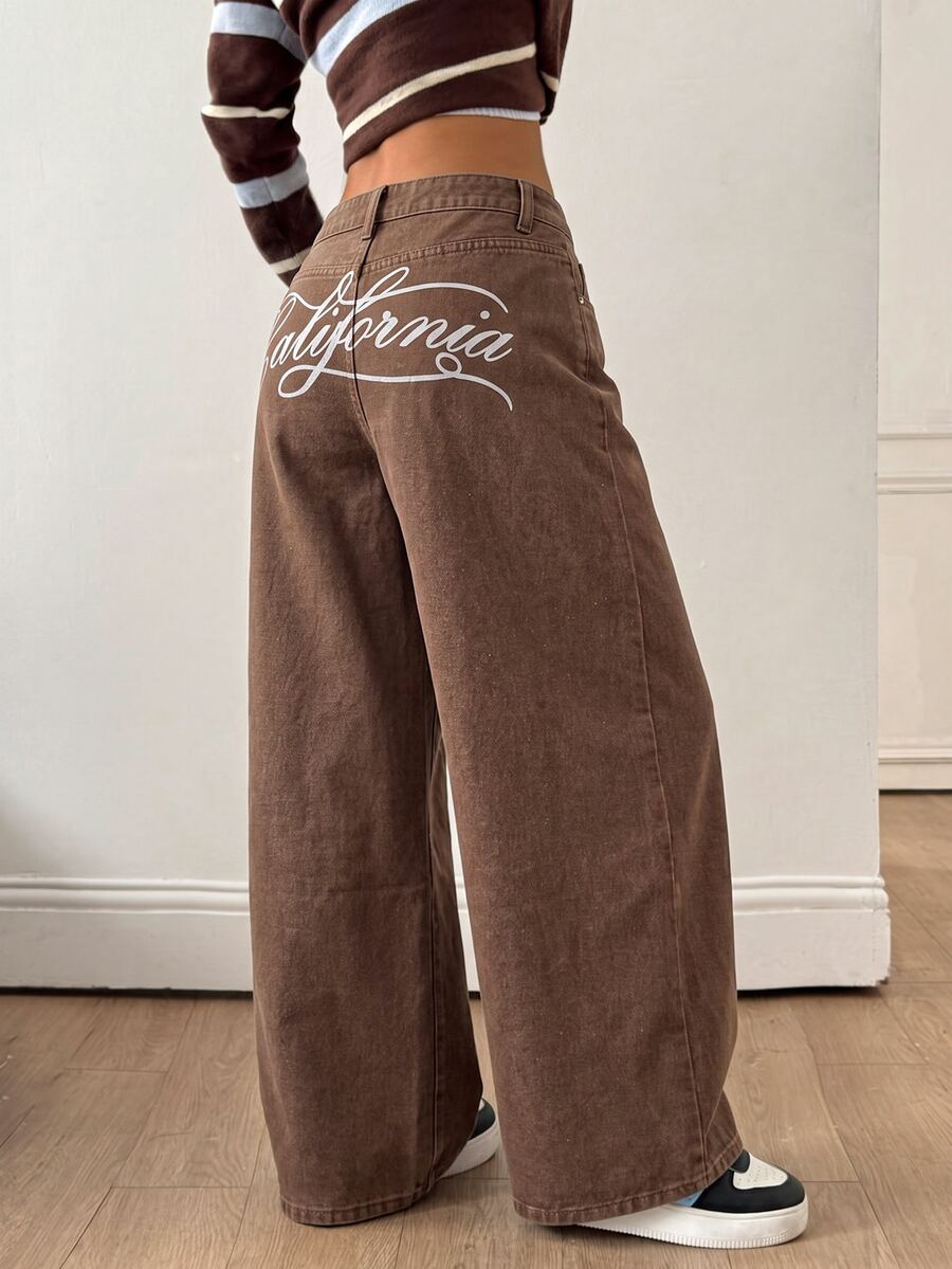 Attitoon Women's Letter Print Wide Leg Jeans - Coffee Brown - View 1