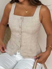 Dazy Plus Solid Color Fitted Square Neck Sleeveless Vest Elegant Vacation Top - Apricot - View 4