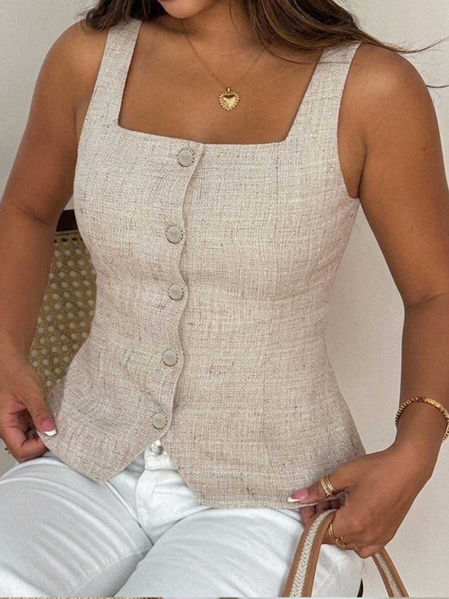 Dazy Plus Solid Color Fitted Square Neck Sleeveless Vest Elegant Vacation Top - Apricot - View 1