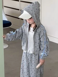 Dazy Kids Young Girls' Loose Hooded Floral Bow Decor + Long Pants Casual Cute 2 Pieces Sweatshirt Set Fall Hoodies - Light Grey - View 2
