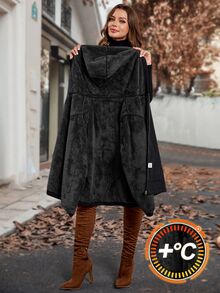 SHEIN Clasi 大尺碼女款純色抓絨內裡休閒百搭日常長袖夾克 - 黑色 - 查看 8