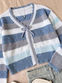 SHEIN Tween Girl Hollow Striped Colorful Knit Cardigan, Suitable For Home, Casual Outings, Beach Vacation, Gatherings And More, Comfortable Versatile Soft, Fall/Winter Outfits - Blue - View 3