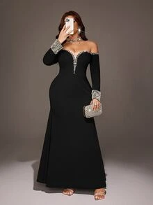 Viva Relle Plus Size Long Sleeve Mermaid Dress Elegant Formal Gown Fall - Black - View 4