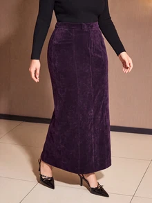 MOTF PREMIUM PLUS SIZE WOMEN'S AUTUMN/WINTER VELVET SOLID COLOR LONG STRAIGHT SKIRT - Purple - View 7