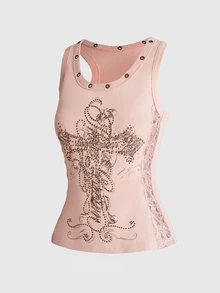 ROMWE Grunge Punk Women's Gray Pink Eyelet Rhinestone Bronze Lace Sexy Streetwear Tank Top - Baby Pink - View 6