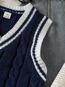 Souflis Souflis Young Boy Striped Colorblock Cable Knit Vest - Navy Blue - View 5