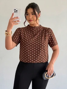 Firerie Áo sơ mi tay ngắn size lớn vải họa tiết chấm bi phong cách retro thường ngày - màu nâu - Xem 4