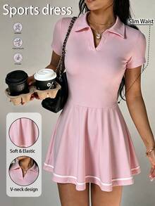 CourtClass Women's Casual Striped Colorblock Short Sleeve Dress, Shorts Sports Set - Pink - View 3