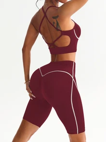 Dewbera Dewbera 2pcs Women's Seamless Colorblock Adjustable Strap Backless Ribbed Line Running Fitness Workout Yoga Base Layer Outerwear Sports Tank Top & Seamless Shorts Set - Red Violet - View 2