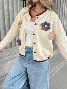 Pariaura Cream & Contrast Color 3D Floral Heart Button + Burgundy Trim Sweet Youthful Versatile Knit Cardigan - Beige - View 3