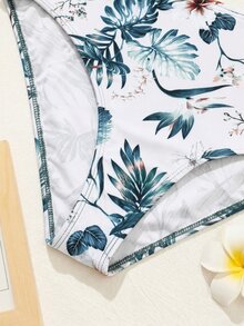Swim Lushoire 女款沙灘短版背心上衣與熱帶植物印花三角分體式泳褲比基尼泳衣套裝 - 藍色 - 查看 7