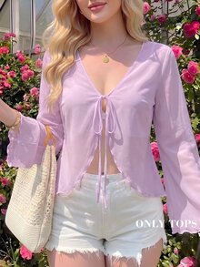 SHEIN MOD 大尺碼 V 領喇叭袖綁結蝴蝶結上衣 白色秋季上衣 - 紫丁香色 - 查看 5