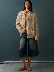 Bohemela Women's Horn Button Drop Shoulder Long Sleeve Knit Cardigan - Khaki - View 3
