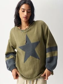 Bohemela Women's Casual Colorblock Patchwork Star Pattern Sweater, Autumn/Winter - Green - View 2