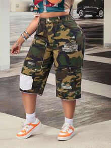 Slaydiva Plus Size Women Non-Stretch Denim Capri Pants Camouflage Print Design Distressed Straight Leg Cowboy Outfits For Women - Multicolor - View 3