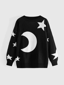 ROMWE Dark Gothic Black Cat Skull Moon Star Snake Jacquard Loose Fit Plus Size Pullover Sweater - Black - View 1