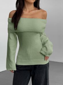SHEIN Clasi 女款優雅露肩套頭毛衣，時尚款 - 綠色 - 查看 4