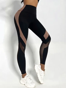 SHEIN PariChic Legging Olahraga Tanpa Jahitan Pinggang Tinggi dengan Motif Jala dan Patchwork - MultiWarna - View 5