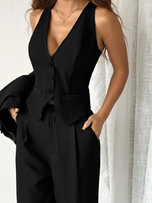 SHEIN EZwear 3件組純灰色西裝外套、背心與長褲，秋冬款 - 黑色 - 查看 3